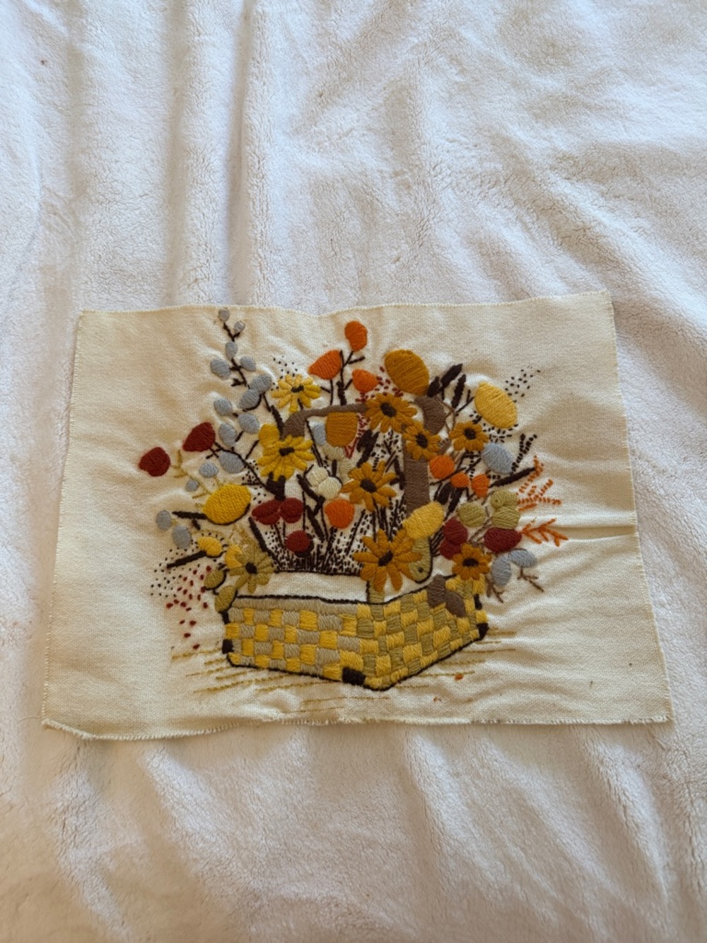Vintage Floral Basket Embroidery in Yellow, Orange, Red, Gray
